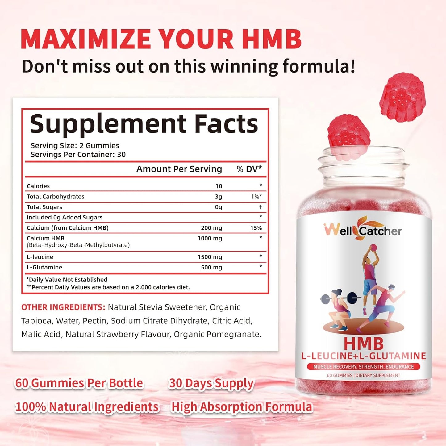 Sugar-Free Vegan HMB and Leucine Gummies with L-Glutamine for Muscle Growth and Fast Recovery - Strawberry Flavor - 30 Day Supply for Men and Women