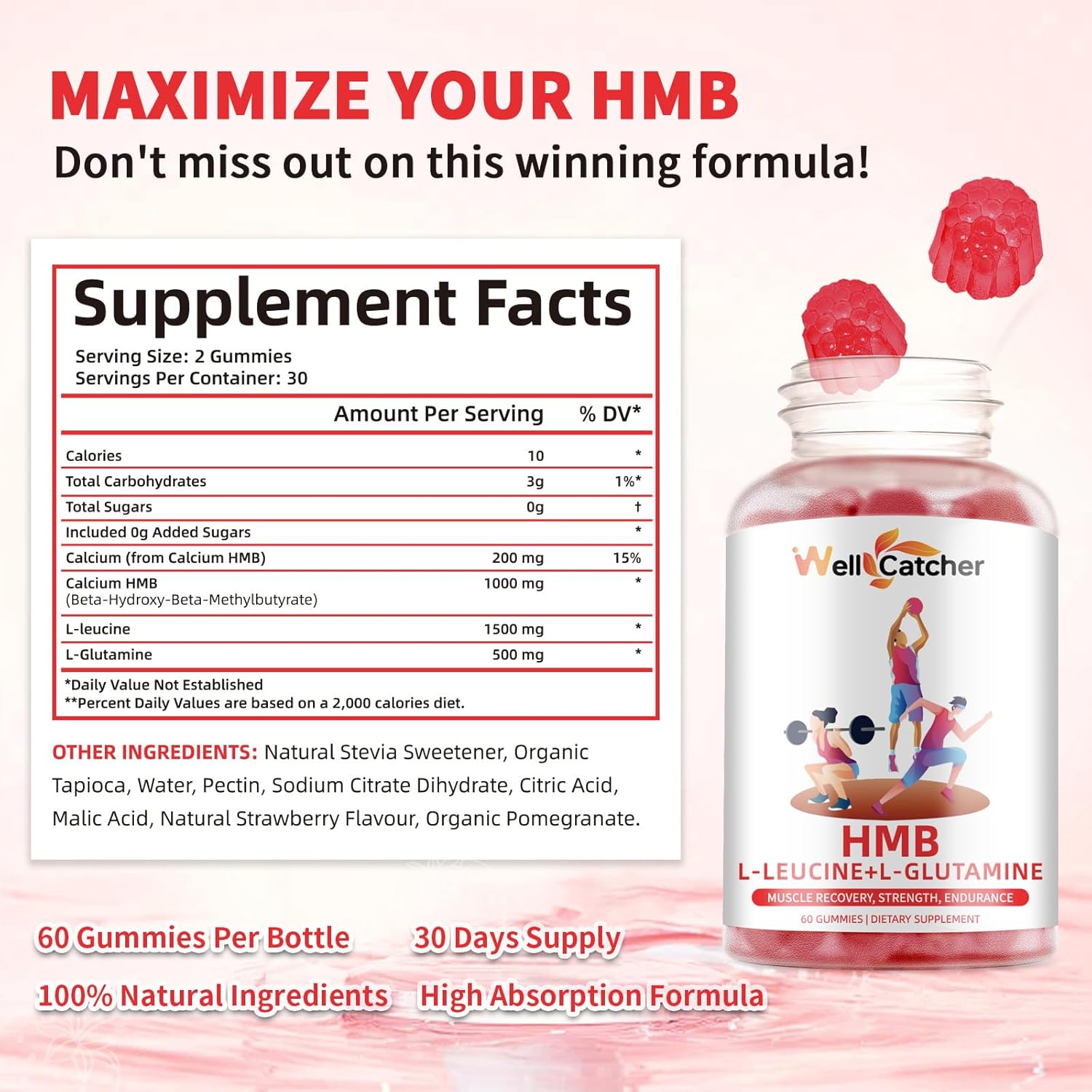 Sugar-Free Vegan HMB and Leucine Gummies with L-Glutamine for Muscle Growth and Fast Recovery - Strawberry Flavor - 30 Day Supply for Men and Women