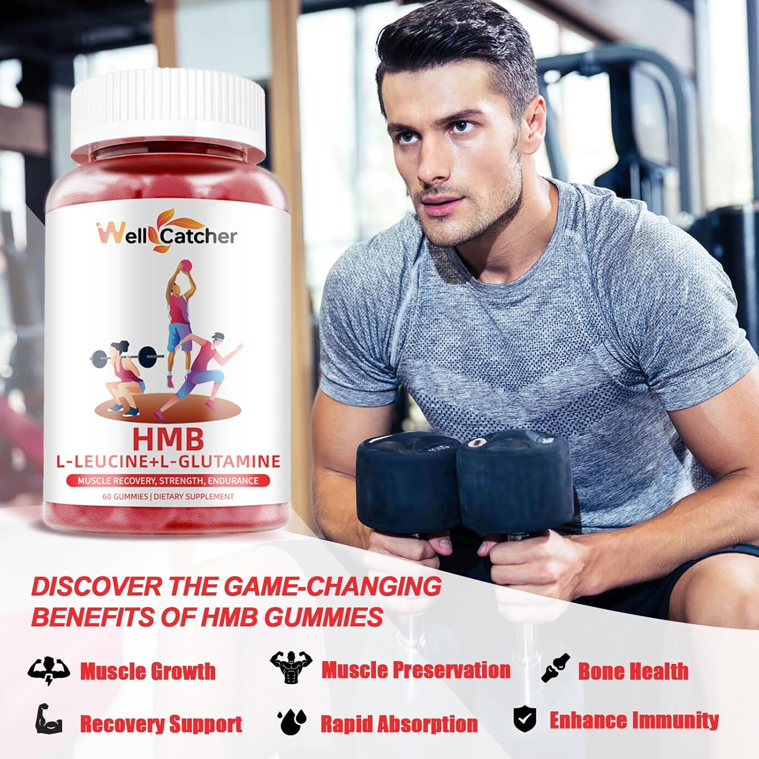Sugar-Free Vegan HMB and Leucine Gummies with L-Glutamine for Muscle Growth and Fast Recovery - Strawberry Flavor - 30 Day Supply for Men and Women