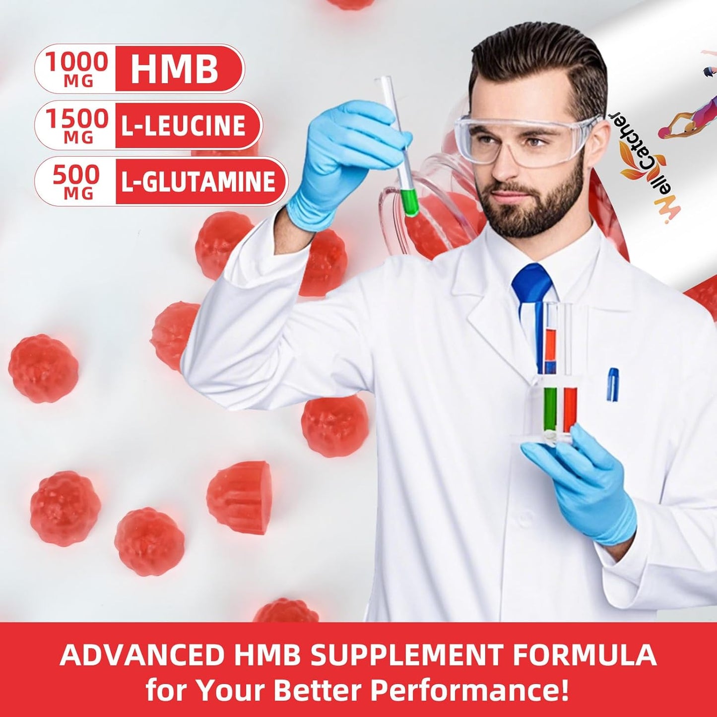 Sugar-Free Vegan HMB and Leucine Gummies with L-Glutamine for Muscle Growth and Fast Recovery - Strawberry Flavor - 30 Day Supply for Men and Women
