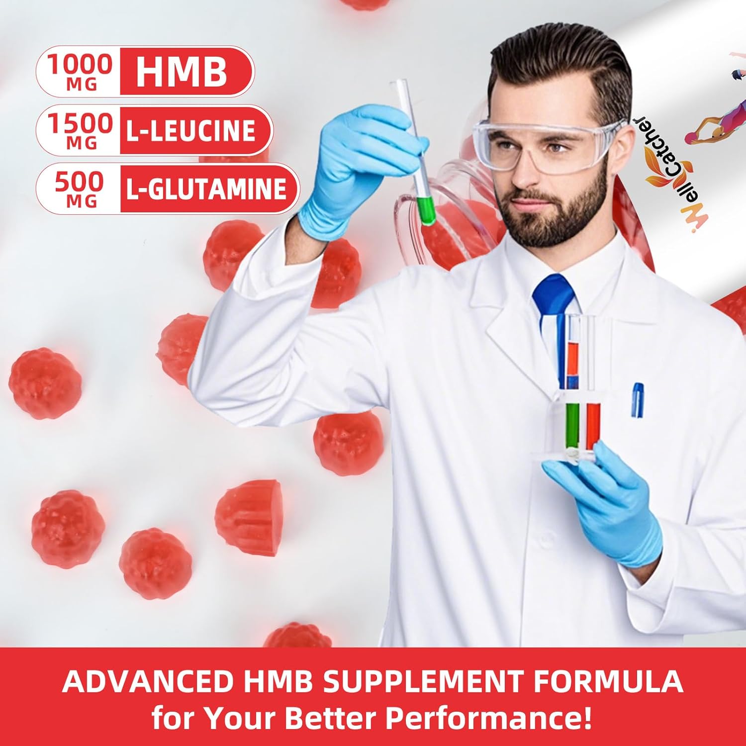 Sugar-Free Vegan HMB and Leucine Gummies with L-Glutamine for Muscle Growth and Fast Recovery - Strawberry Flavor - 30 Day Supply for Men and Women