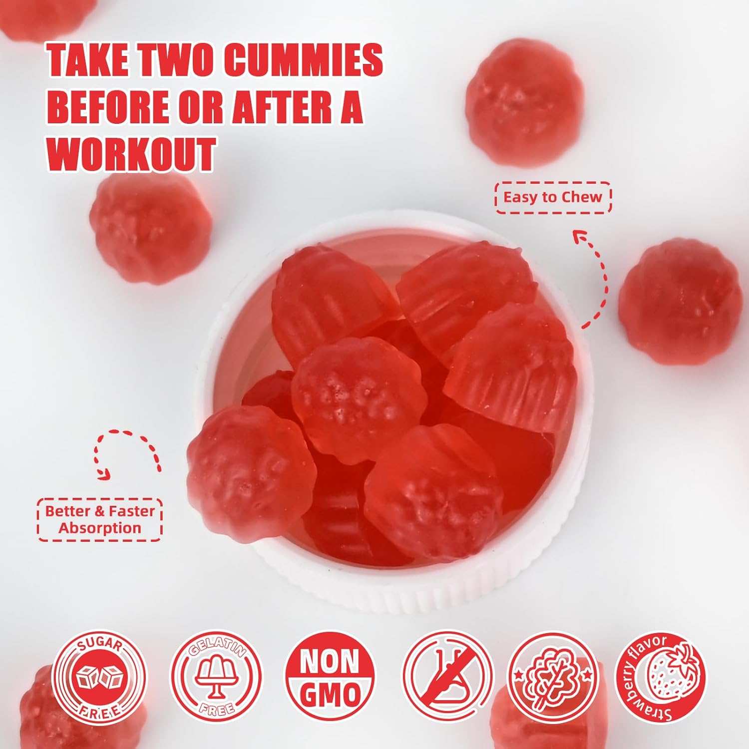 Sugar-Free Vegan HMB and Leucine Gummies with L-Glutamine for Muscle Growth and Fast Recovery - Strawberry Flavor - 30 Day Supply for Men and Women