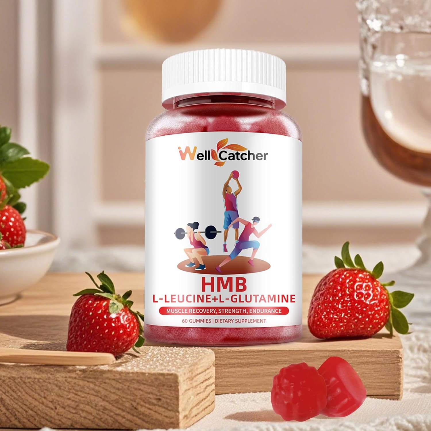 Sugar-Free Vegan HMB and Leucine Gummies with L-Glutamine for Muscle Growth and Fast Recovery - Strawberry Flavor - 30 Day Supply for Men and Women
