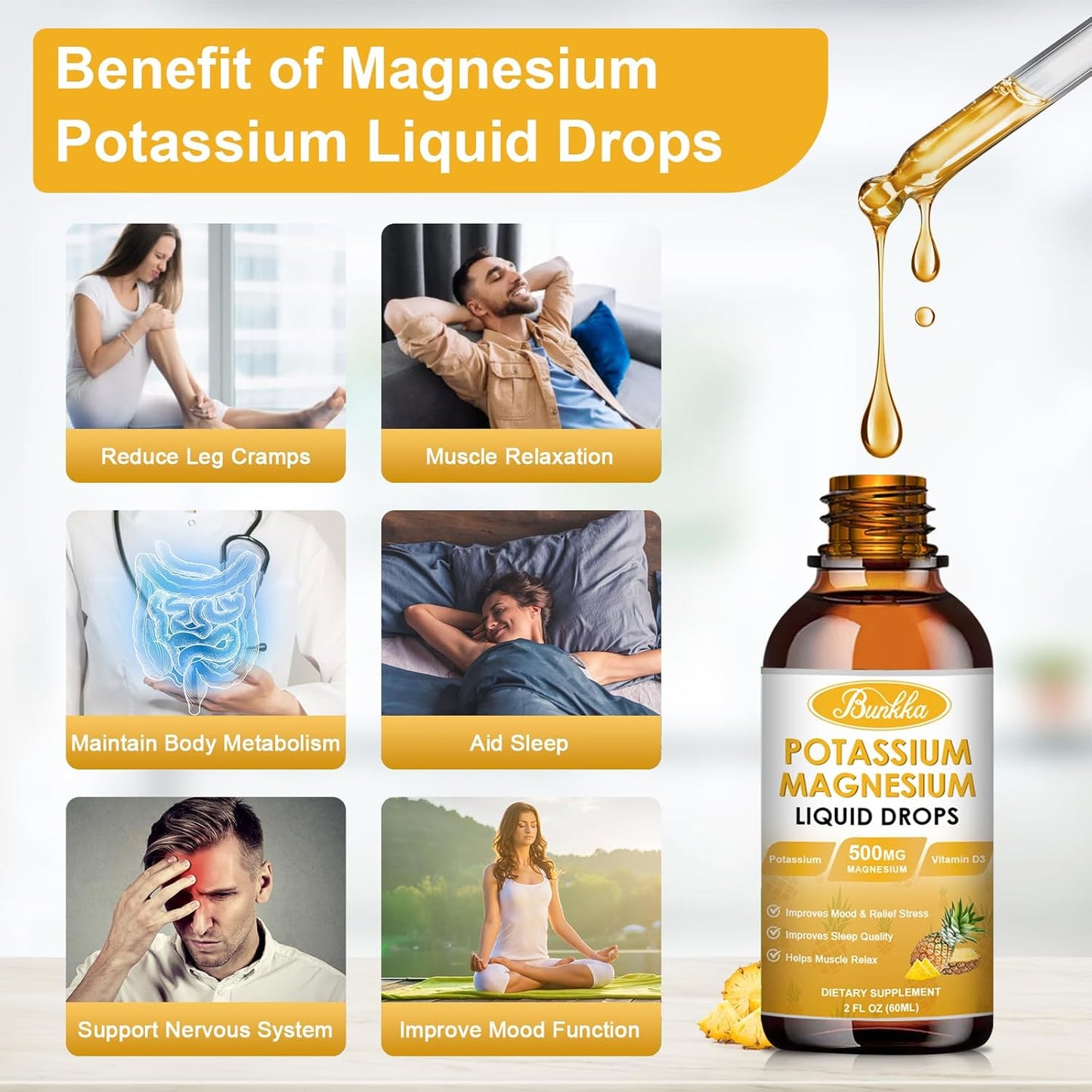 Sugar-Free Vegan Liquid Drops Supplement with Potassium, Magnesium, Calcium, Vitamin D3 & Zinc for Leg Cramps, Energy & Metabolism - Bunkka 99mg Potassium Supplement