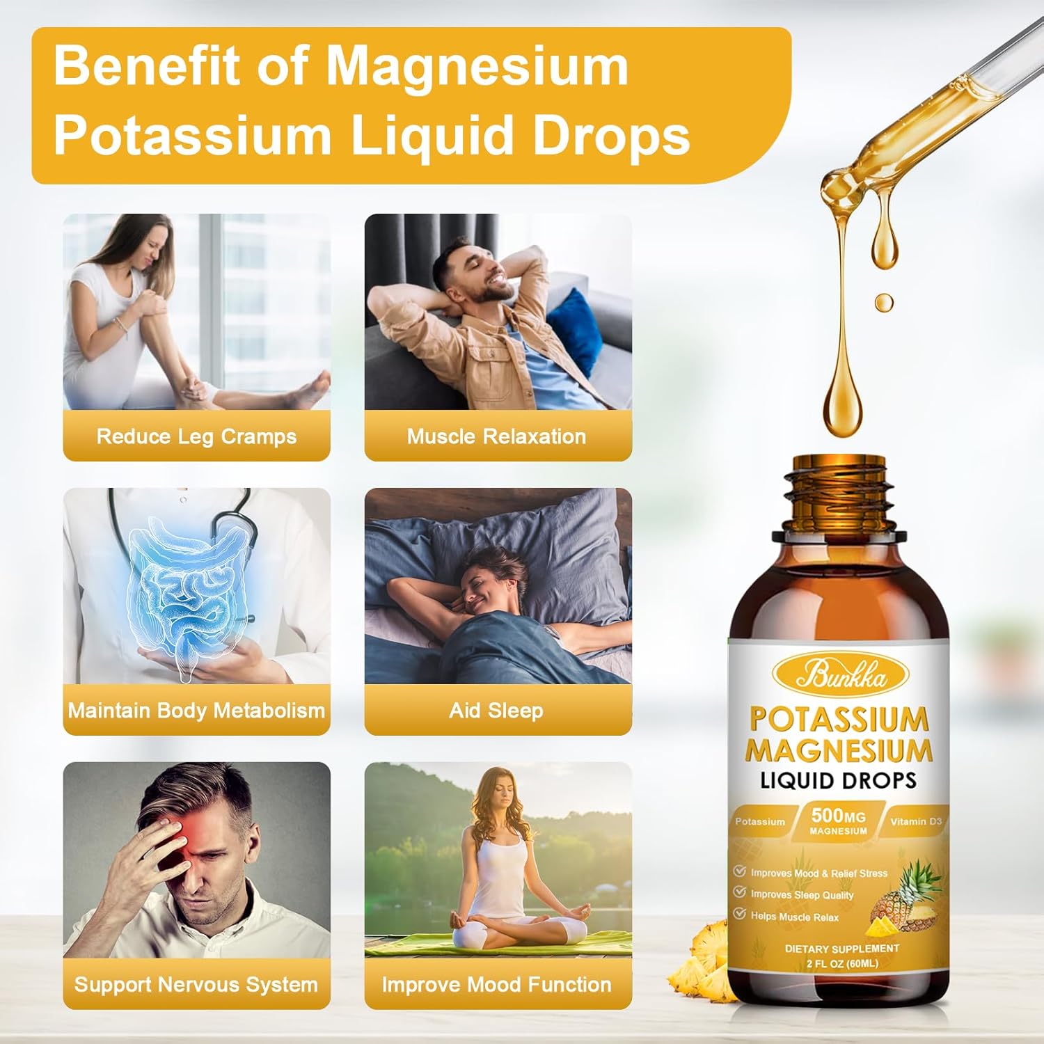 Sugar-Free Vegan Liquid Drops Supplement with Potassium, Magnesium, Calcium, Vitamin D3 & Zinc for Leg Cramps, Energy & Metabolism - Bunkka 99mg Potassium Supplement