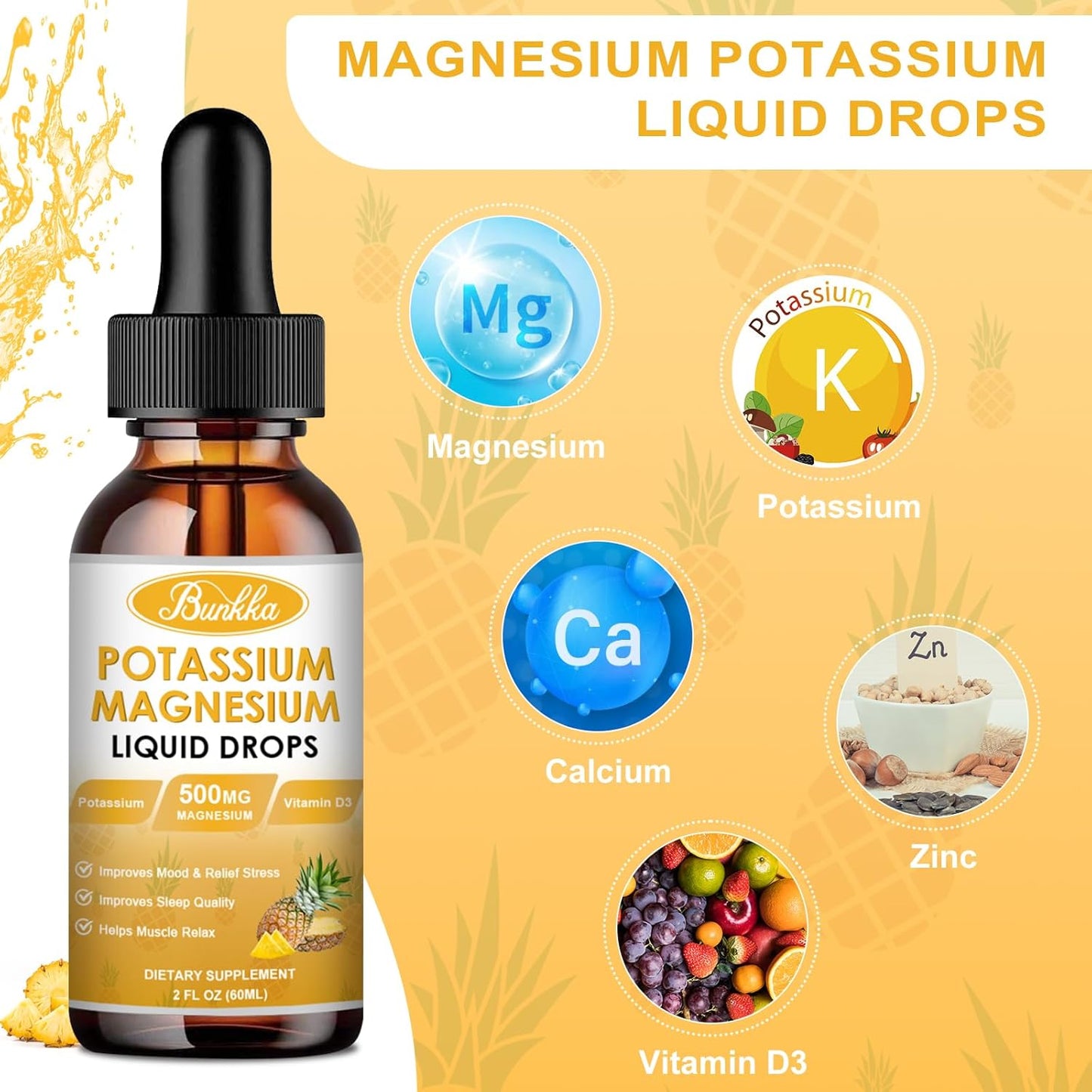 Sugar-Free Vegan Liquid Drops Supplement with Potassium, Magnesium, Calcium, Vitamin D3 & Zinc for Leg Cramps, Energy & Metabolism - Bunkka 99mg Potassium Supplement