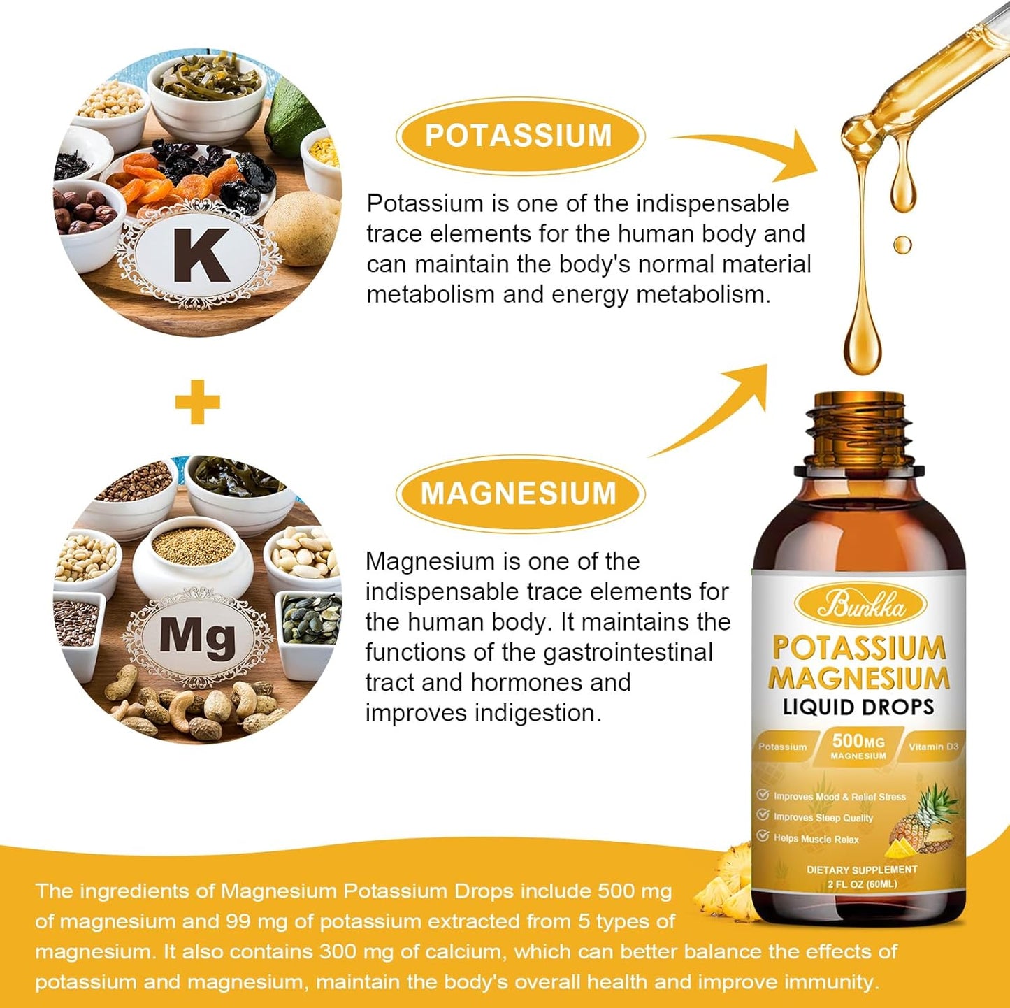 Sugar-Free Vegan Liquid Drops Supplement with Potassium, Magnesium, Calcium, Vitamin D3 & Zinc for Leg Cramps, Energy & Metabolism - Bunkka 99mg Potassium Supplement