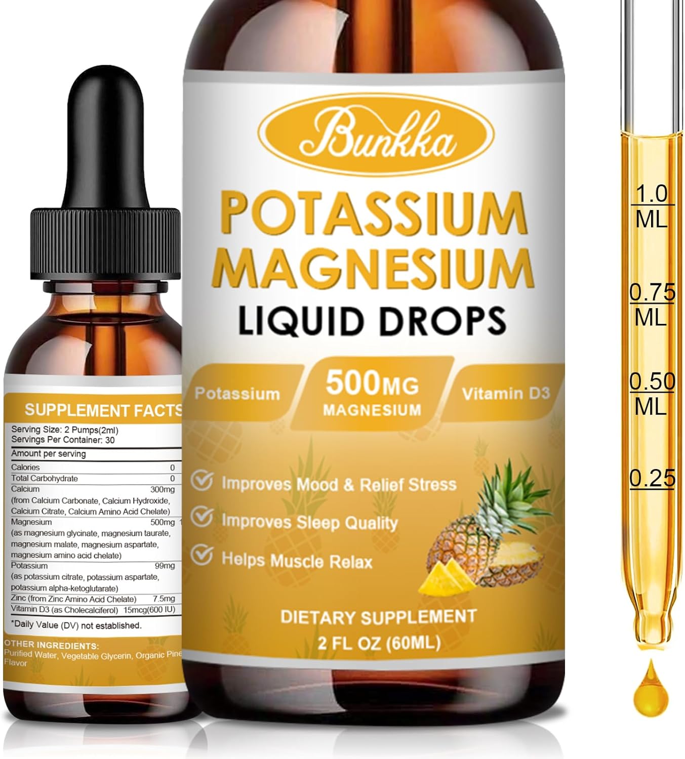 Sugar-Free Vegan Liquid Drops Supplement with Potassium, Magnesium, Calcium, Vitamin D3 & Zinc for Leg Cramps, Energy & Metabolism - Bunkka 99mg Potassium Supplement