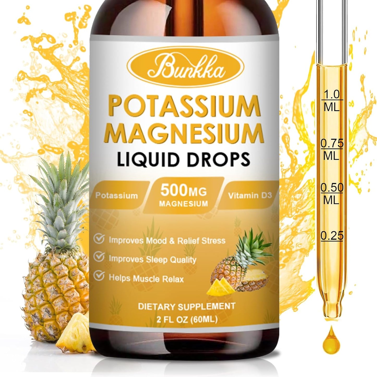 Sugar-Free Vegan Liquid Drops Supplement with Potassium, Magnesium, Calcium, Vitamin D3 & Zinc for Leg Cramps, Energy & Metabolism - Bunkka 99mg Potassium Supplement