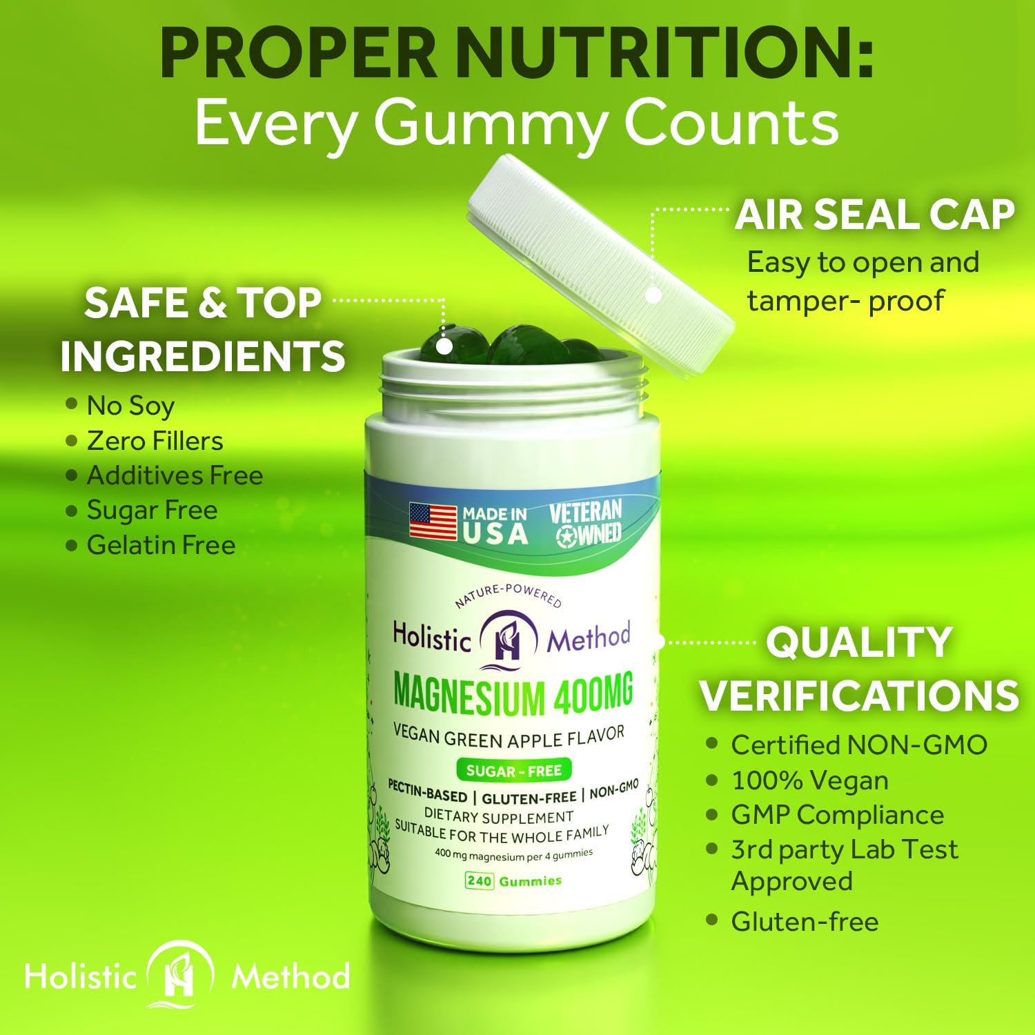 Sugar-Free Vegan Magnesium Citrate Gummies for Sleep & Relaxation - Non-GMO Supplement for Adults, Teens, Kids - Green Apple - 240 Chews
