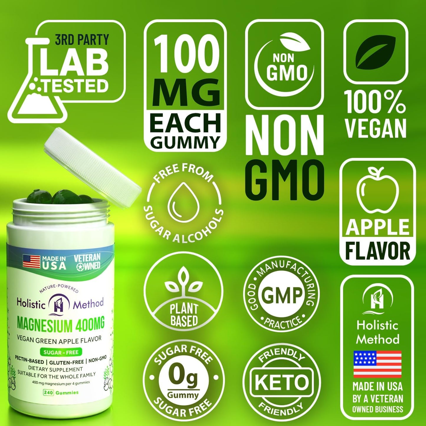Sugar-Free Vegan Magnesium Citrate Gummies for Sleep & Relaxation - Non-GMO Supplement for Adults, Teens, Kids - Green Apple - 240 Chews