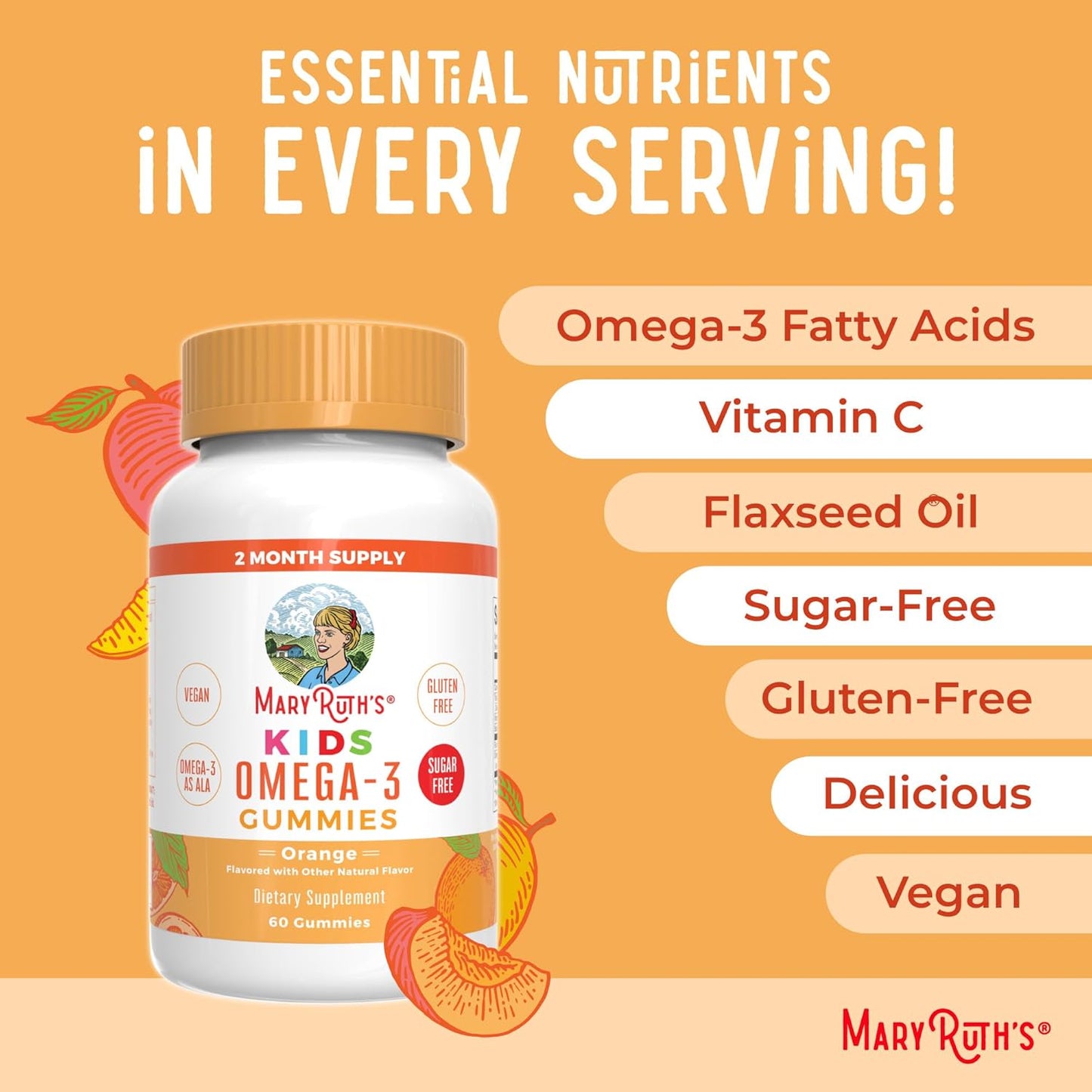 Sugar-Free Vegan Omega 3 Gummies for Kids 2+, 2 Month Supply - Flaxseed Oil, Vitamin C, Immune Support - Essential ALA Nutrient - No Fish Taste - 60 Count