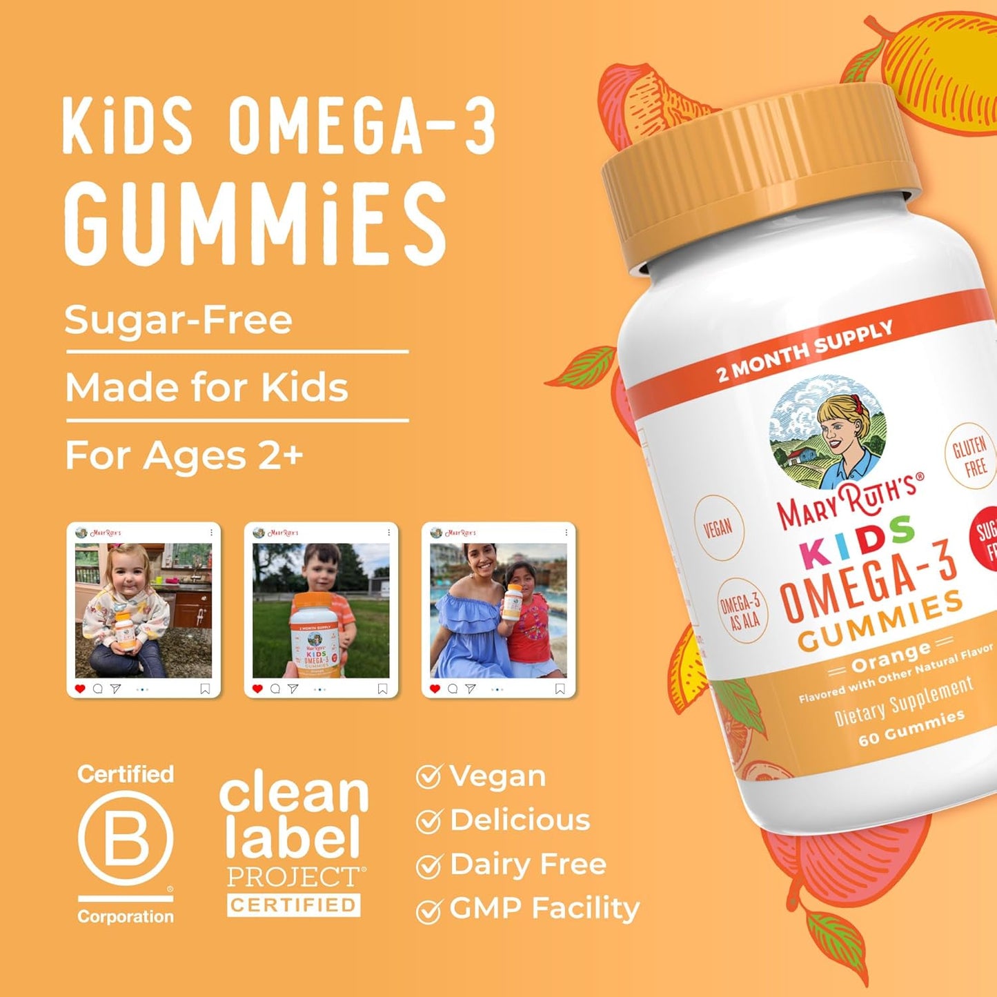Sugar-Free Vegan Omega 3 Gummies for Kids 2+, 2 Month Supply - Flaxseed Oil, Vitamin C, Immune Support - Essential ALA Nutrient - No Fish Taste - 60 Count