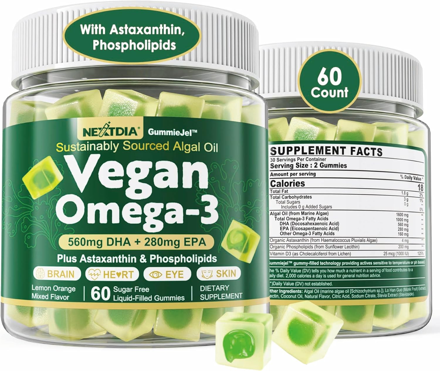 Sugar-Free Vegan Omega 3 Gummies with Astaxanthin, DHA, EPA, and Vitamin D3 - Fish-Free Algae Omega 3 Supplement for Adults & Kids - 1000mg, 60 Count