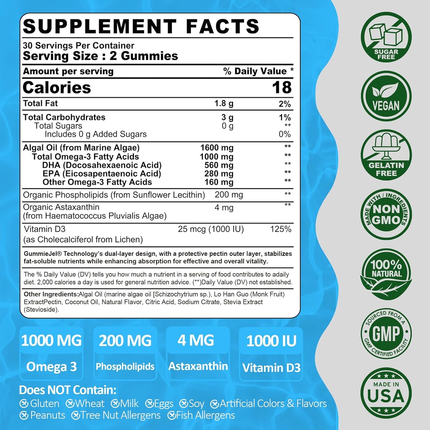 Sugar-Free Vegan Omega 3 Gummies with Astaxanthin, DHA, EPA, and Vitamin D3 - Fish-Free Algae Omega 3 Supplement for Adults & Kids - 1000mg, 60 Count