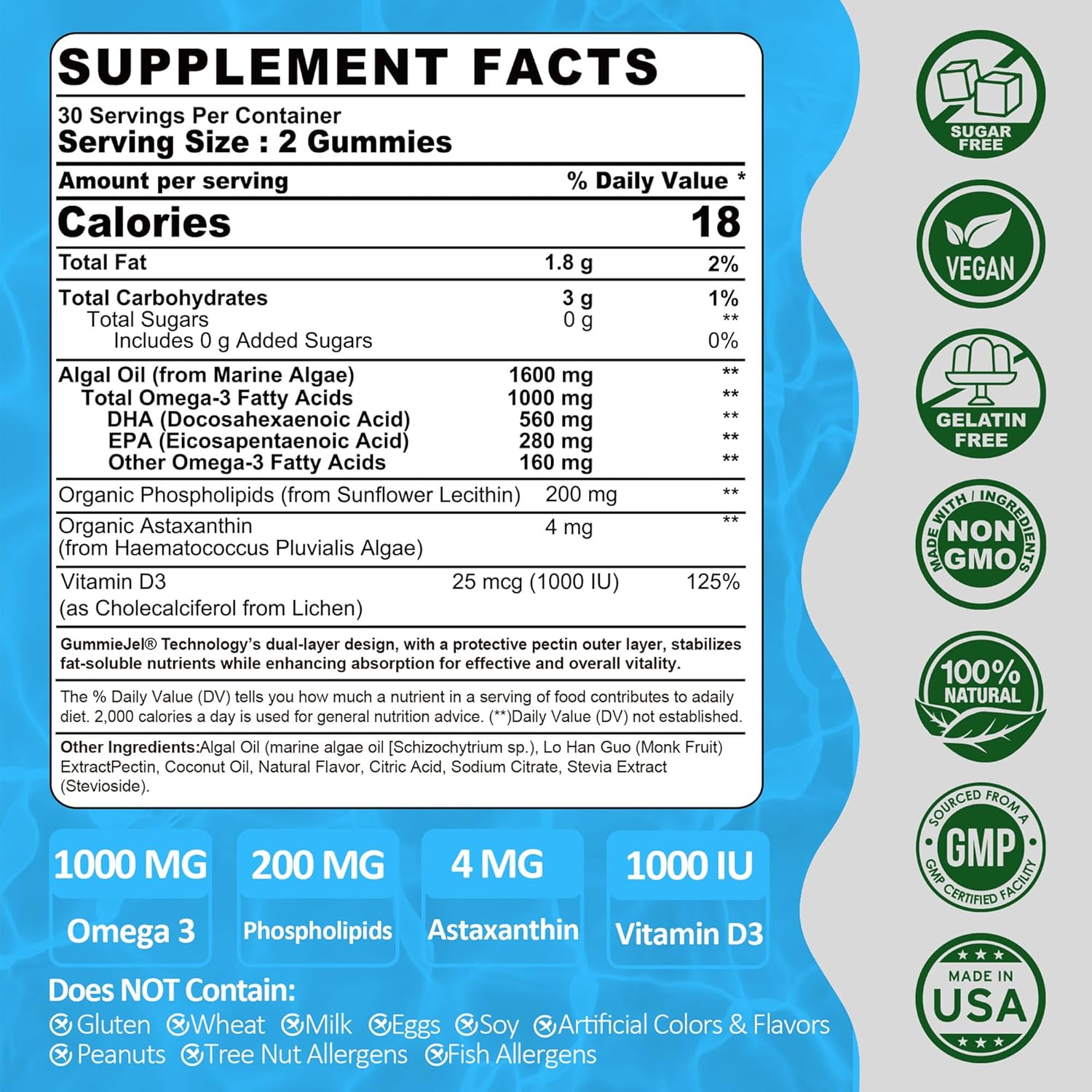 Sugar-Free Vegan Omega 3 Gummies with Astaxanthin, DHA, EPA, and Vitamin D3 - Fish-Free Algae Omega 3 Supplement for Adults & Kids - 1000mg, 60 Count