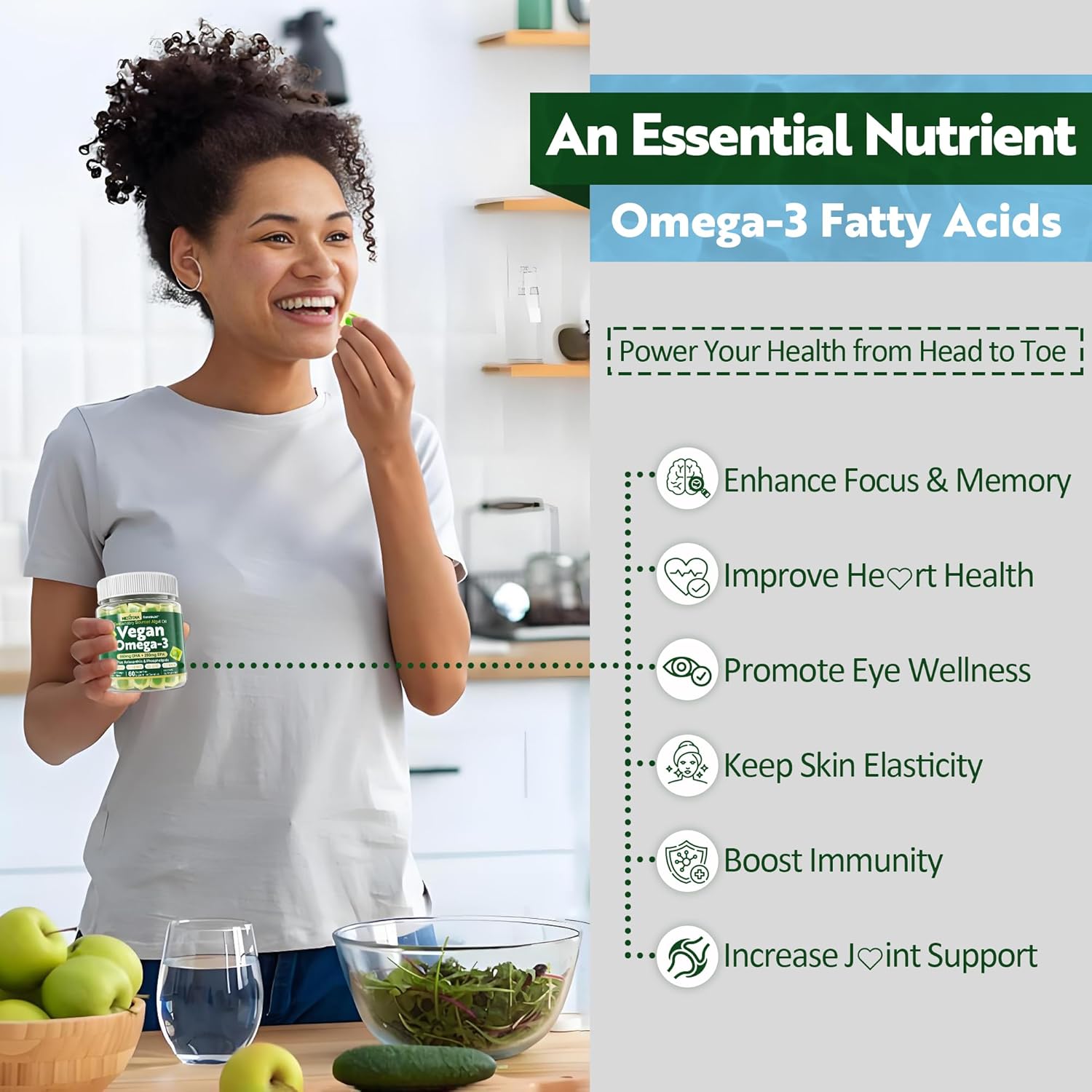 Sugar-Free Vegan Omega 3 Gummies with Astaxanthin, DHA, EPA, and Vitamin D3 - Fish-Free Algae Omega 3 Supplement for Adults & Kids - 1000mg, 60 Count