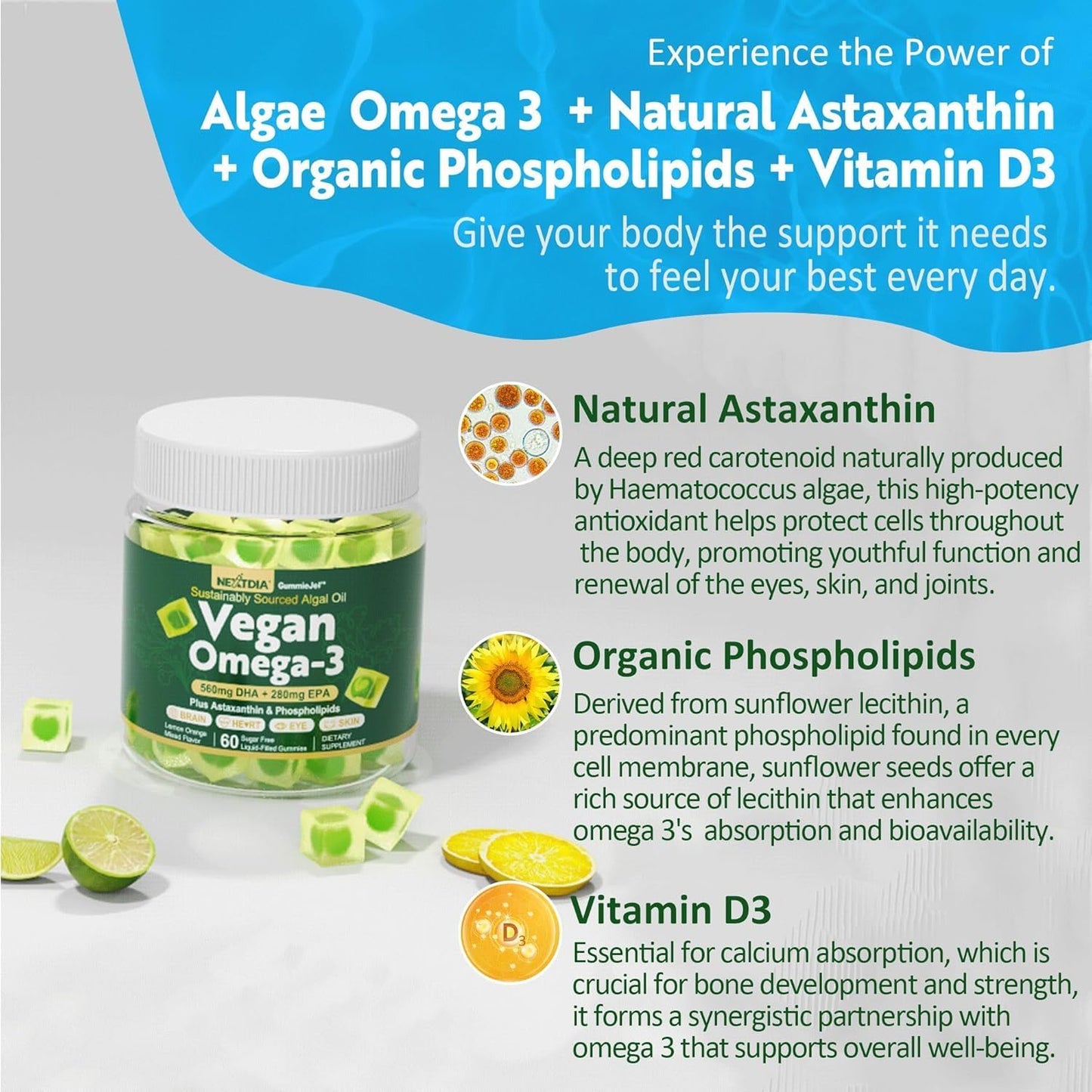 Sugar-Free Vegan Omega 3 Gummies with Astaxanthin, DHA, EPA, and Vitamin D3 - Fish-Free Algae Omega 3 Supplement for Adults & Kids - 1000mg, 60 Count