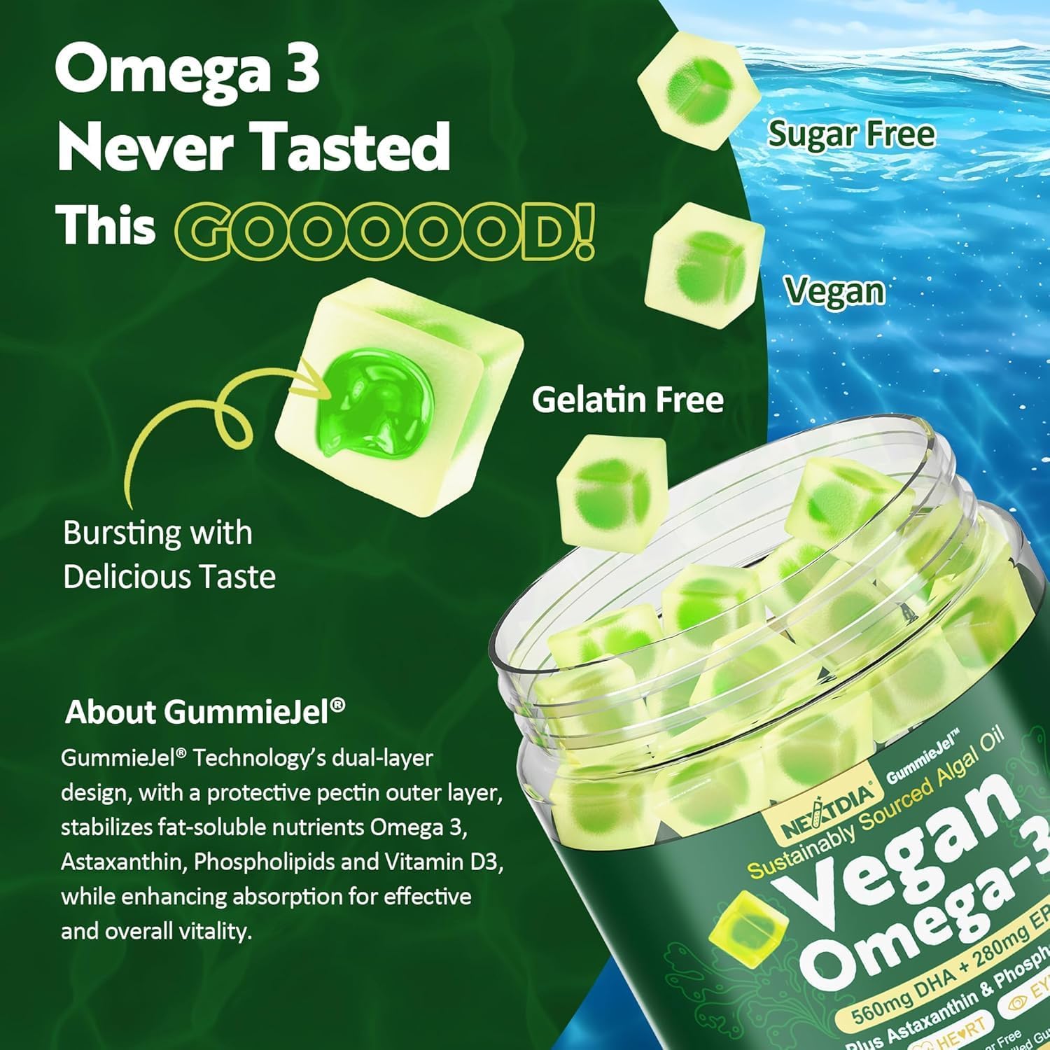 Sugar-Free Vegan Omega 3 Gummies with Astaxanthin, DHA, EPA, and Vitamin D3 - Fish-Free Algae Omega 3 Supplement for Adults & Kids - 1000mg, 60 Count