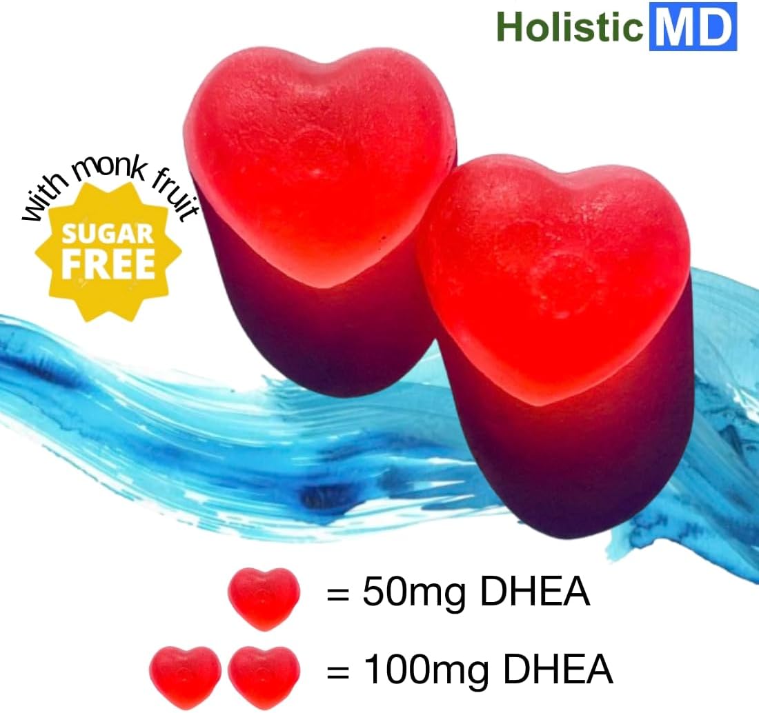 Sugar-Free Vegan Strawberry Gummies DHEA Supplement for Men and Women - Clinically Studied High Absorption, Holistic MD DHEA 100mg and 50mg, 60 Days Supply