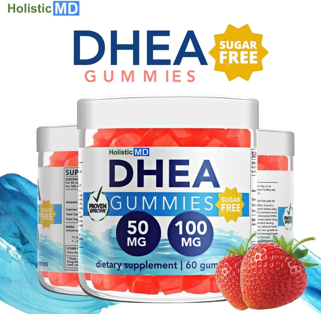 Sugar-Free Vegan Strawberry Gummies DHEA Supplement for Men and Women - Clinically Studied High Absorption, Holistic MD DHEA 100mg and 50mg, 60 Days Supply