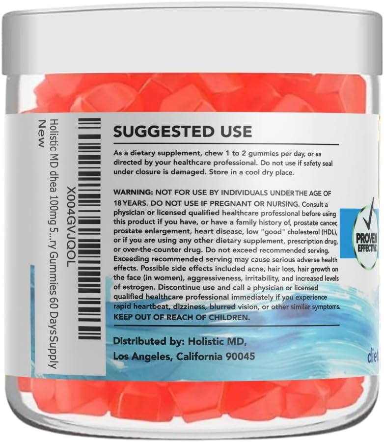 Sugar-Free Vegan Strawberry Gummies DHEA Supplement for Men and Women - Clinically Studied High Absorption, Holistic MD DHEA 100mg and 50mg, 60 Days Supply