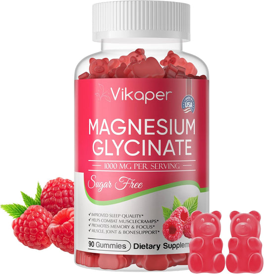 Sugar-Free VIKAPER Magnesium Glycinate Gummies - 1000mg High Absorption Calcium Supplement for Adults - Vegan, Non-GMO, Gelatin-Free - Supports Mood, Sleep, and Energy - 90 Raspberry Gummies