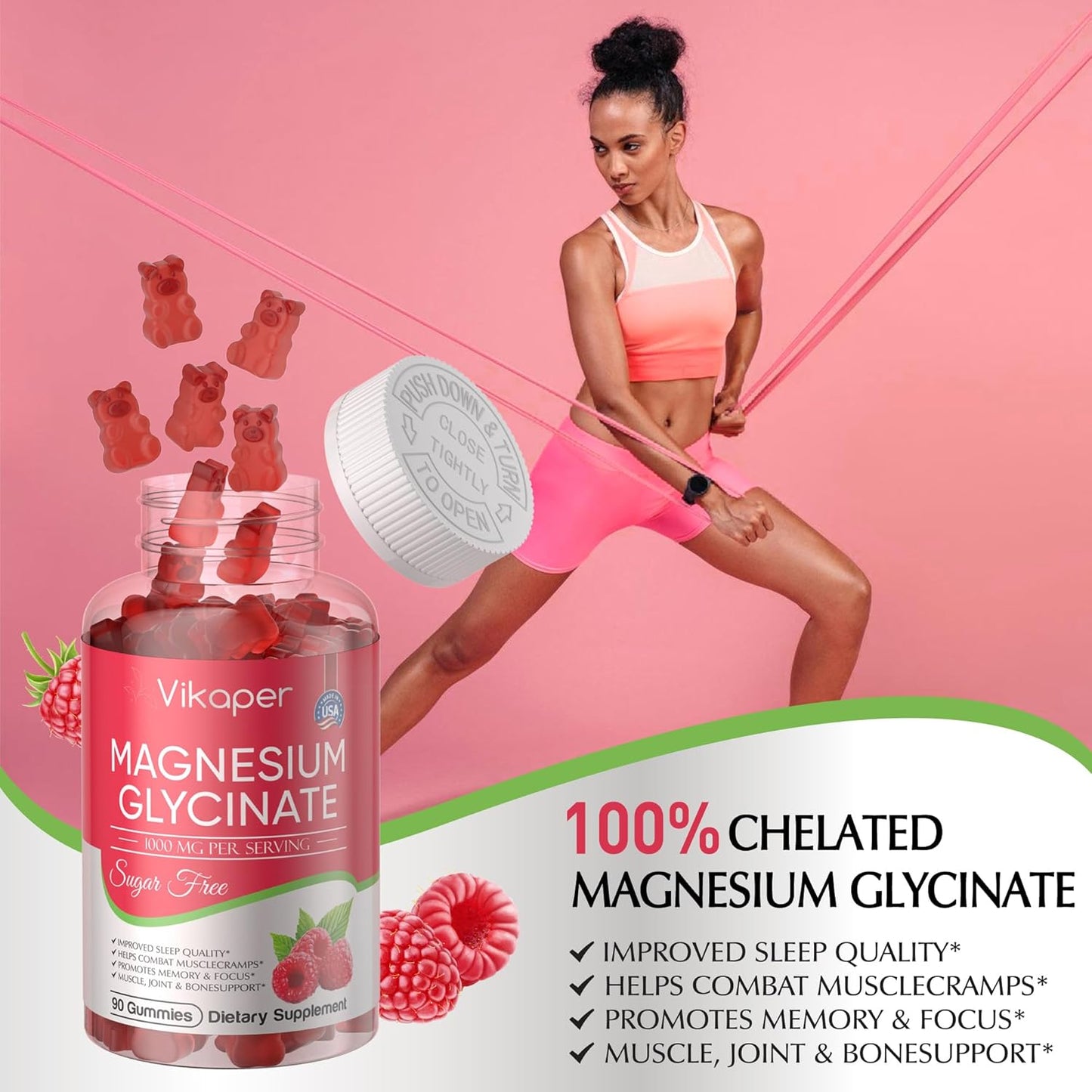 Sugar-Free VIKAPER Magnesium Glycinate Gummies - 1000mg High Absorption Calcium Supplement for Adults - Vegan, Non-GMO, Gelatin-Free - Supports Mood, Sleep, and Energy - 90 Raspberry Gummies