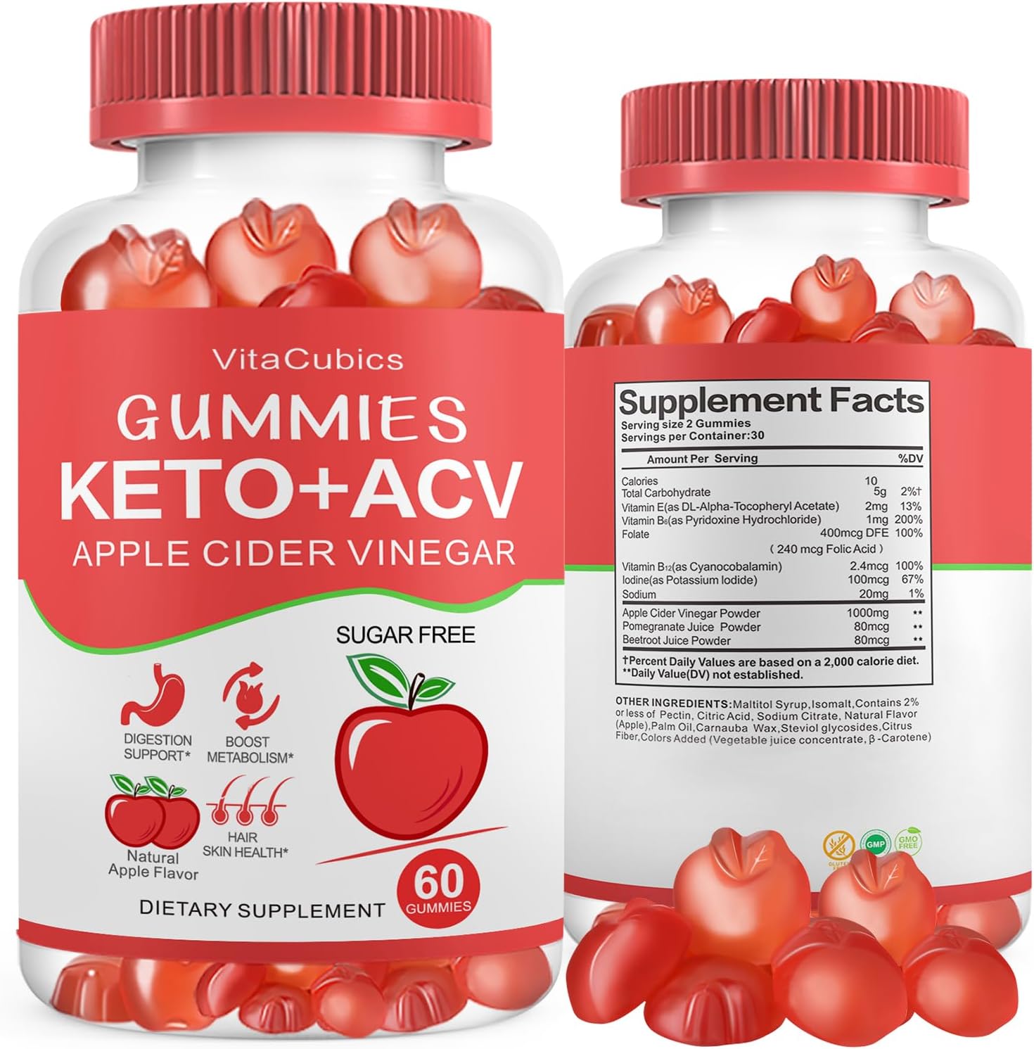 Sugar-Free VitaCubics Keto ACV Gummies 1000mg with Vitamin B6, B12, Iodine - Weight Loss & Detox Supplement for Men and Women - Digestion & Metabolism Support