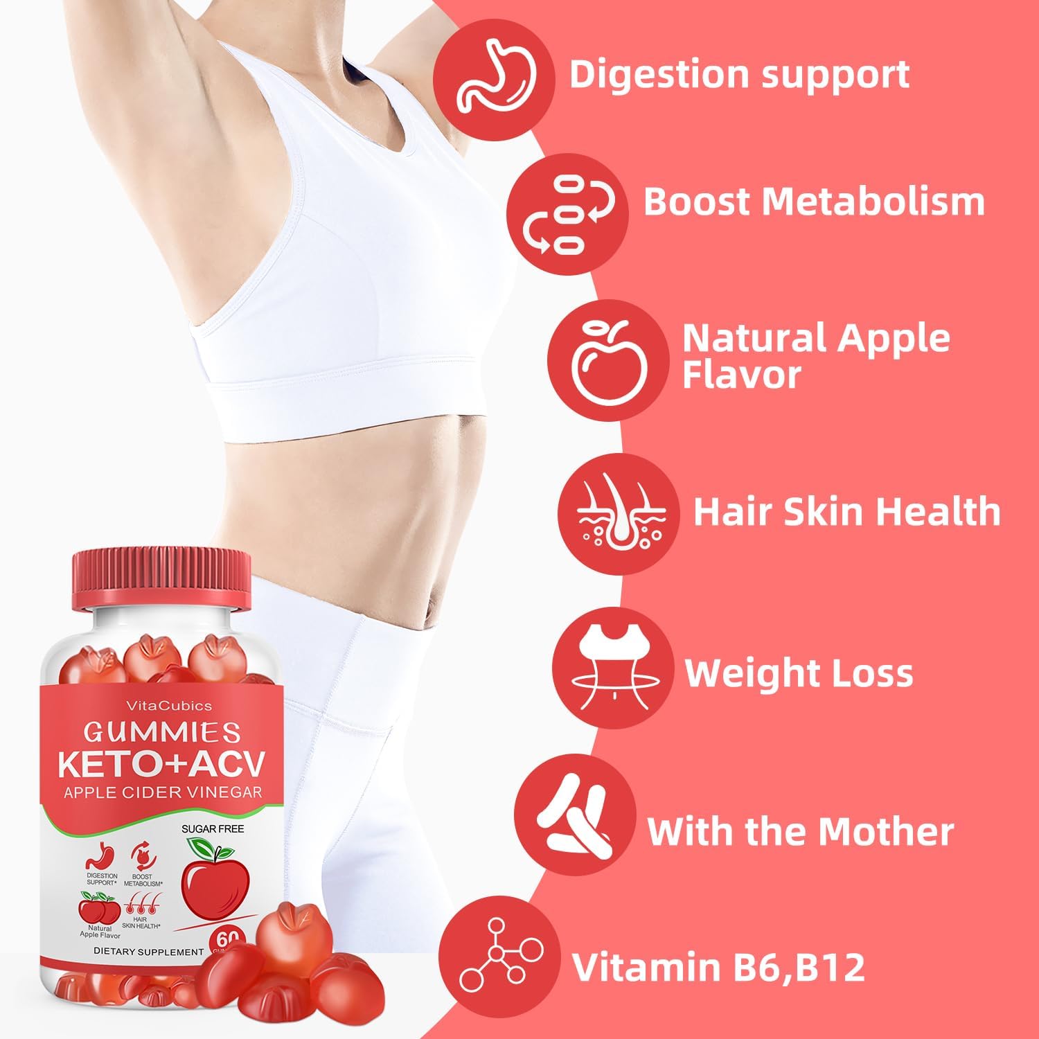 Sugar-Free VitaCubics Keto ACV Gummies 1000mg with Vitamin B6, B12, Iodine - Weight Loss & Detox Supplement for Men and Women - Digestion & Metabolism Support