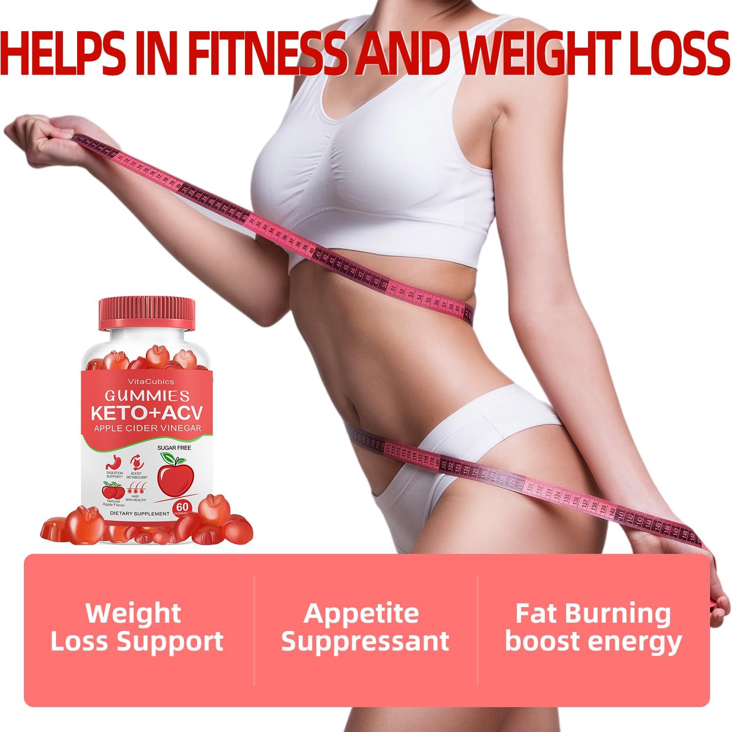 Sugar-Free VitaCubics Keto ACV Gummies 1000mg with Vitamin B6, B12, Iodine - Weight Loss & Detox Supplement for Men and Women - Digestion & Metabolism Support