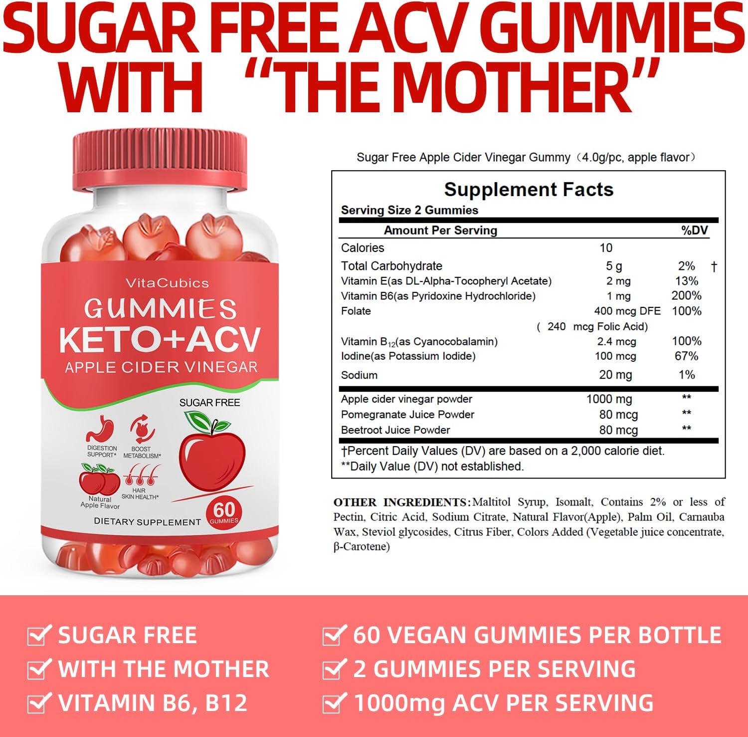 Sugar-Free VitaCubics Keto ACV Gummies 1000mg with Vitamin B6, B12, Iodine - Weight Loss & Detox Supplement for Men and Women - Digestion & Metabolism Support