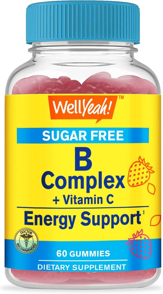 Sugar-Free Vitamin B Complex Gummies with Vitamin C and Folic Acid for Immune and Energy Support - Strawberry Flavor - 60 Count