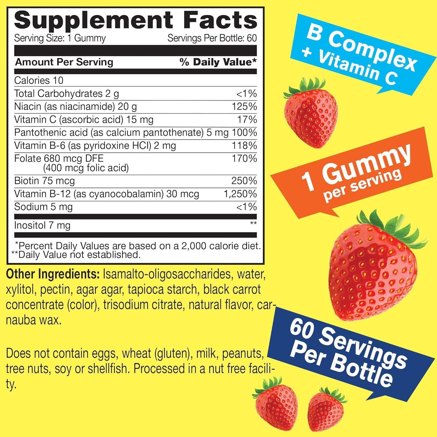 Sugar-Free Vitamin B Complex Gummies with Vitamin C and Folic Acid for Immune and Energy Support - Strawberry Flavor - 60 Count