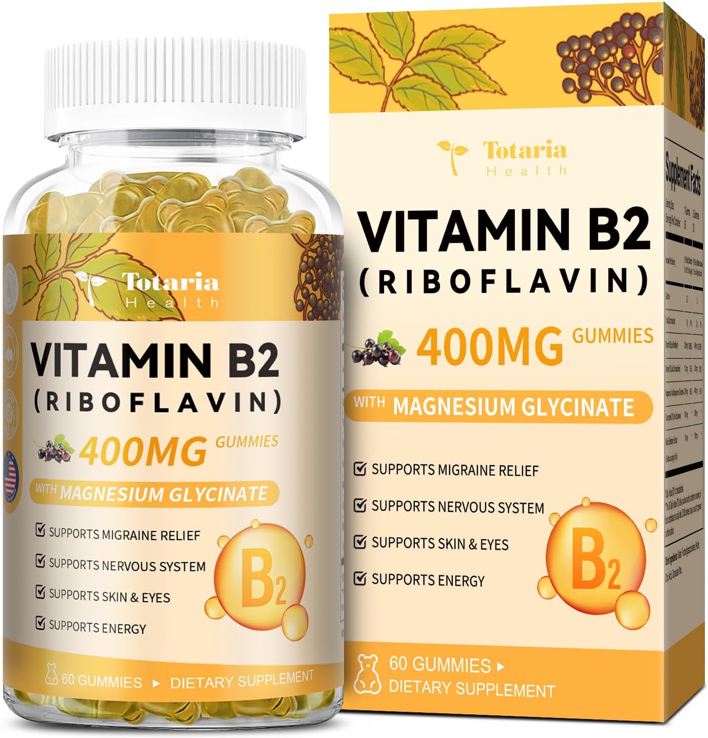 Sugar-Free Vitamin B2 Gummies with Magnesium & Elderberry for Migraine Relief & Nervous System Support, 60 Gummies