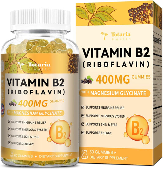 Sugar-Free Vitamin B2 Gummies with Magnesium & Elderberry for Migraine Relief & Nervous System Support, 60 Gummies
