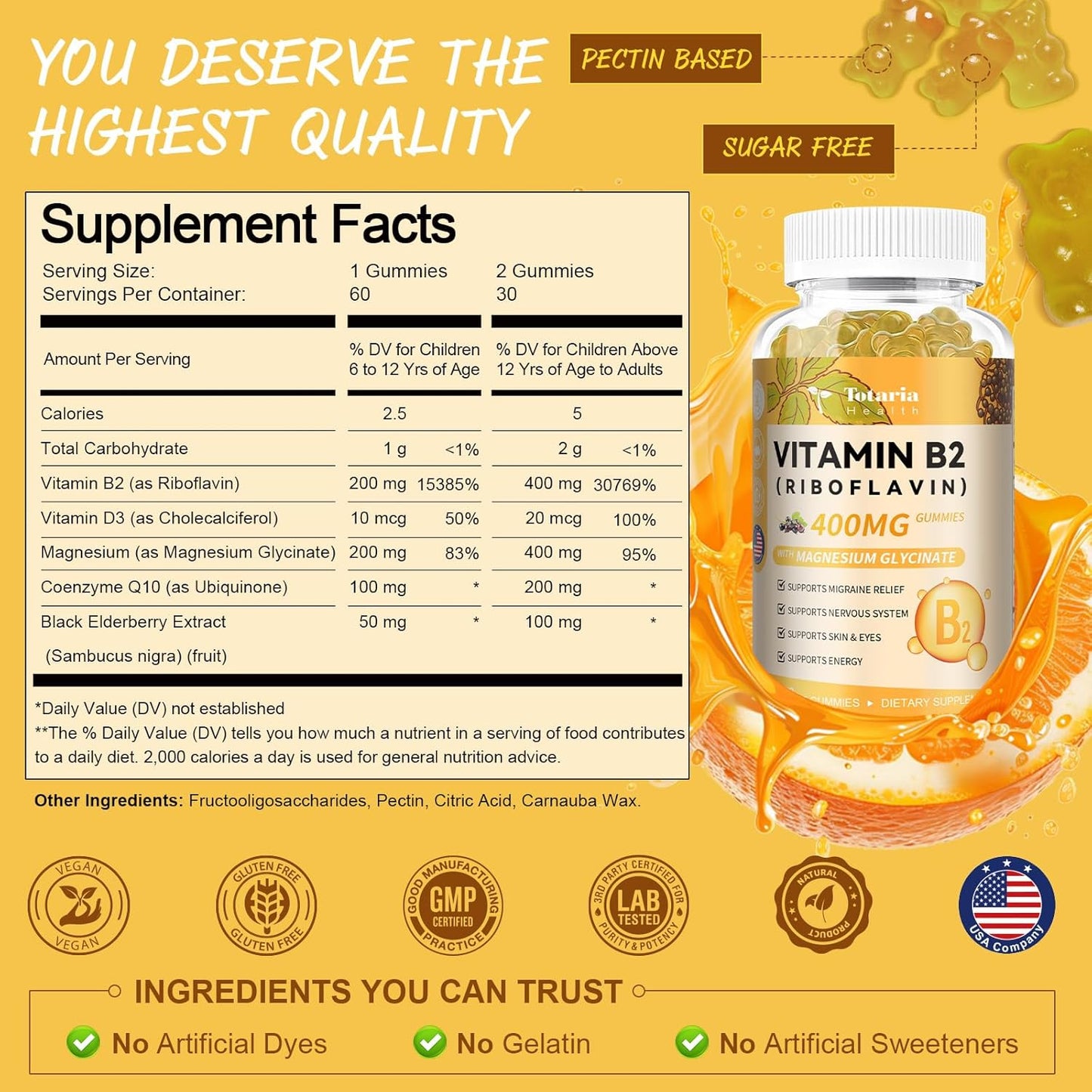Sugar-Free Vitamin B2 Gummies with Magnesium & Elderberry for Migraine Relief & Nervous System Support, 60 Gummies