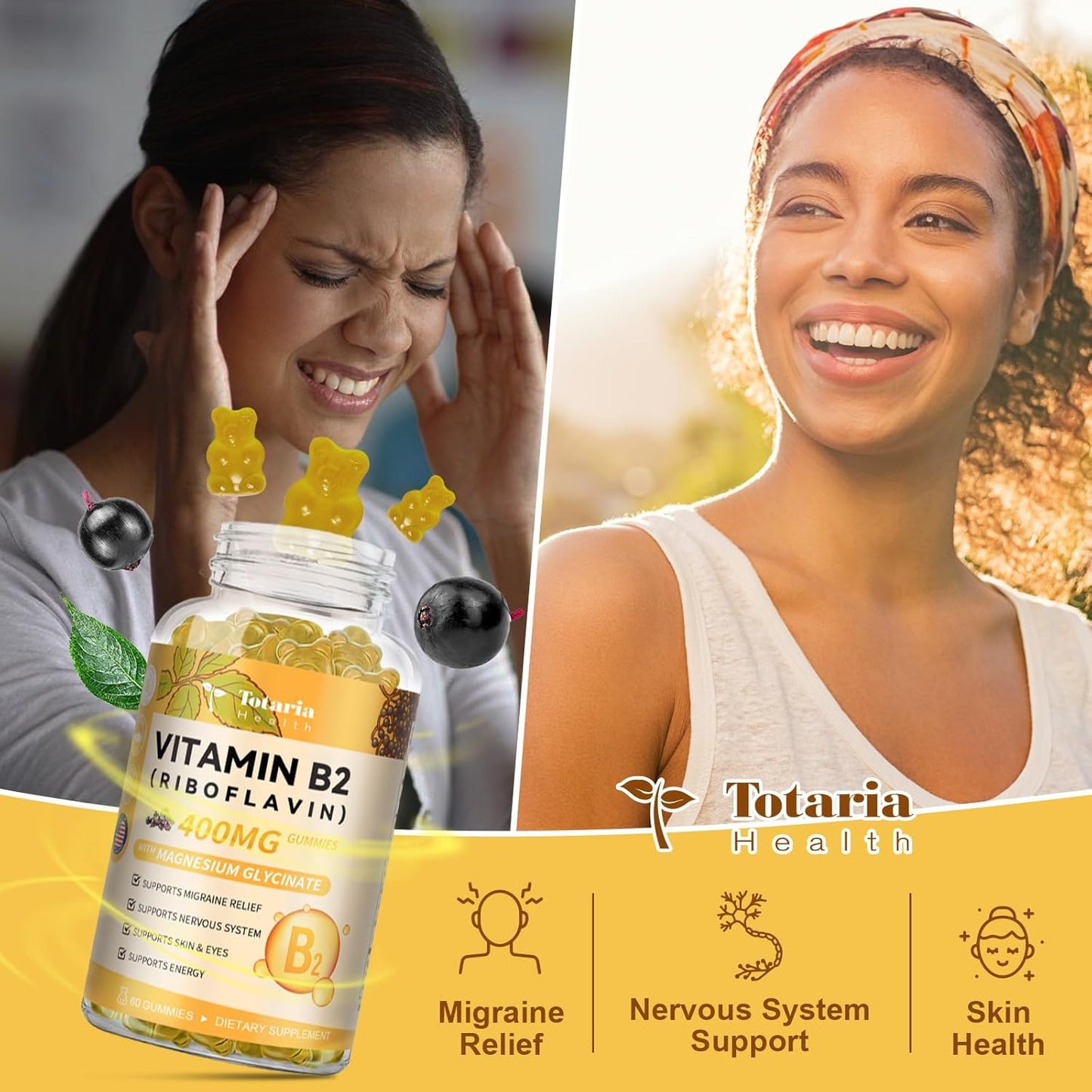 Sugar-Free Vitamin B2 Gummies with Magnesium & Elderberry for Migraine Relief & Nervous System Support, 60 Gummies