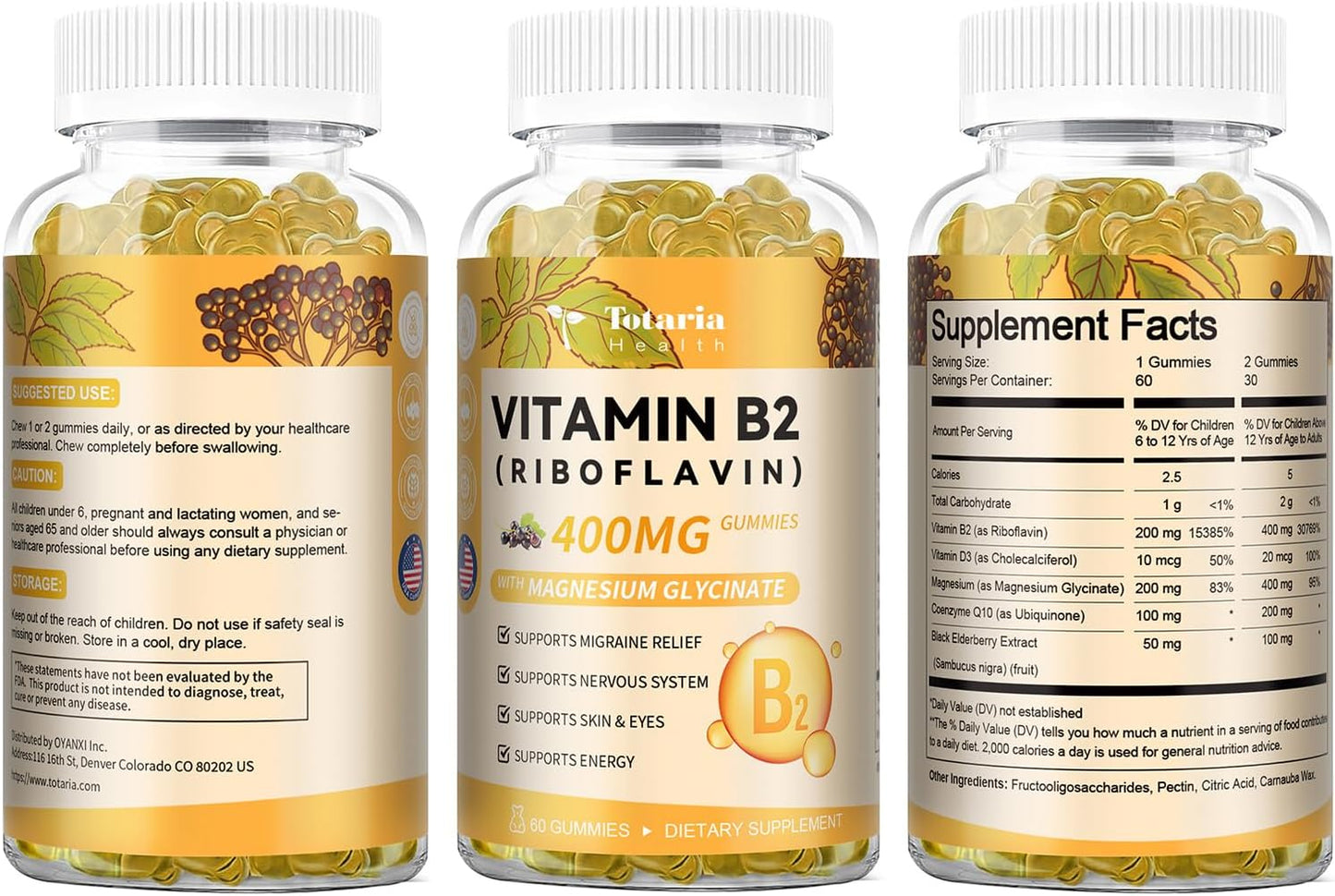 Sugar-Free Vitamin B2 Gummies with Magnesium & Elderberry for Migraine Relief & Nervous System Support, 60 Gummies