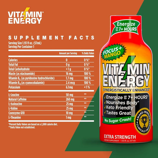 Sugar-Free Vitamin Energy Shots for Focus & Energy Boost | Natural Supplement with B6, B12, L-Theanine, CoQ10 | Lasts up to 7 Hours | Mango Flavor | 48 Count