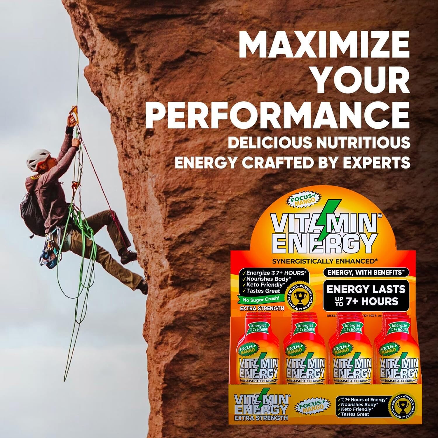 Sugar-Free Vitamin Energy Shots for Focus & Energy Boost | Natural Supplement with B6, B12, L-Theanine, CoQ10 | Lasts up to 7 Hours | Mango Flavor | 48 Count