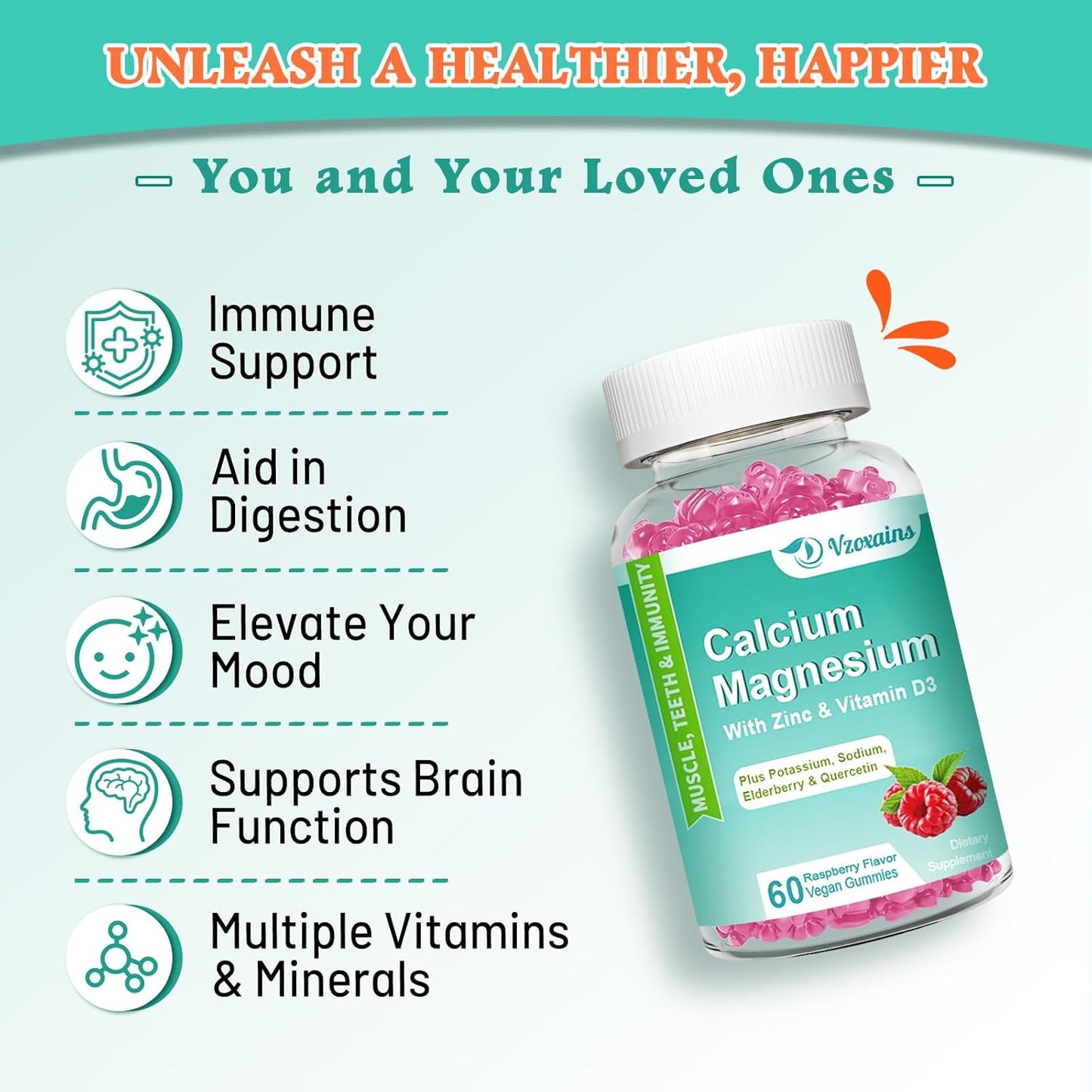 Sugar-Free VZOXAINS Calcium Magnesium Zinc Gummies with 400mg Magnesium Glycinate - Vegan Bone & Muscle Support Supplement, 120 Count