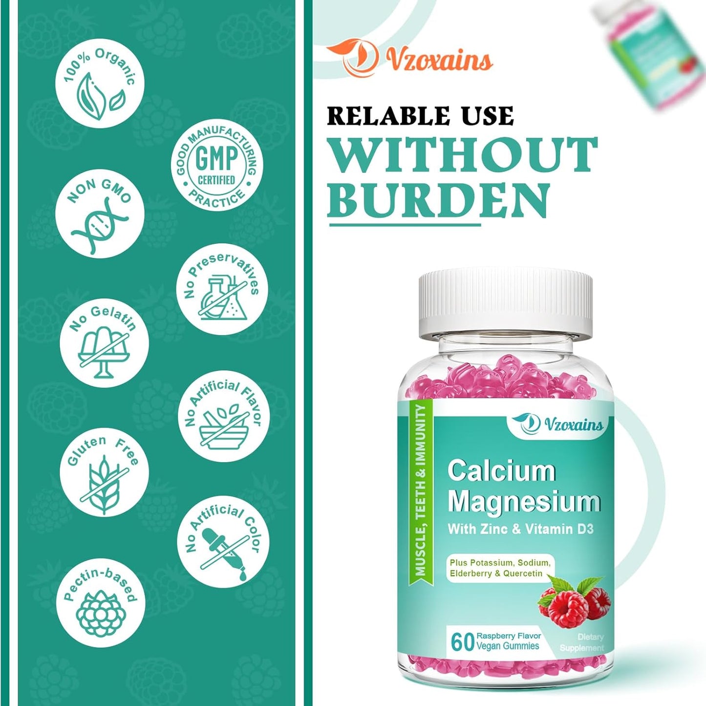 Sugar-Free VZOXAINS Calcium Magnesium Zinc Gummies with 400mg Magnesium Glycinate - Vegan Bone & Muscle Support Supplement, 120 Count