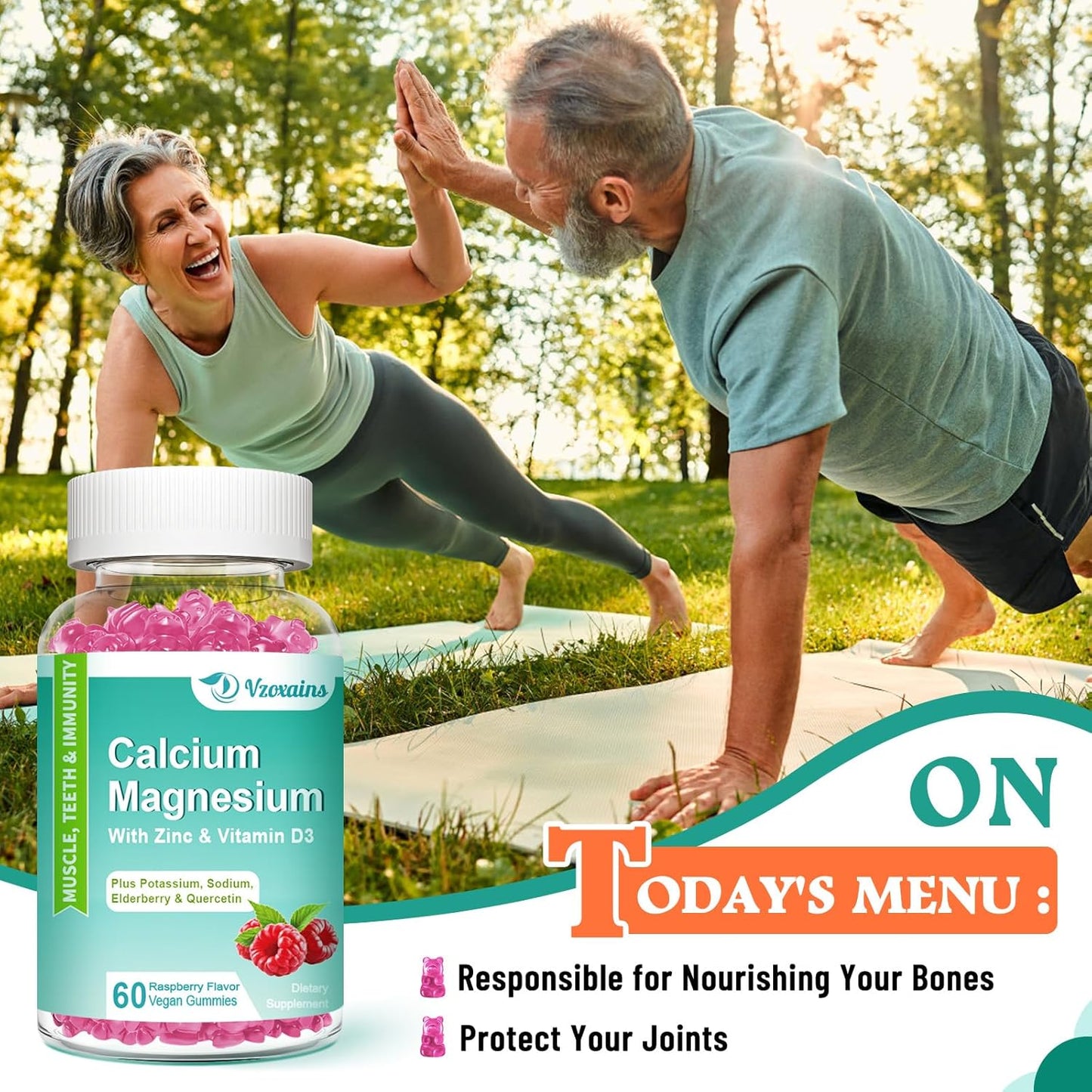 Sugar-Free VZOXAINS Calcium Magnesium Zinc Gummies with 400mg Magnesium Glycinate - Vegan Bone & Muscle Support Supplement, 120 Count