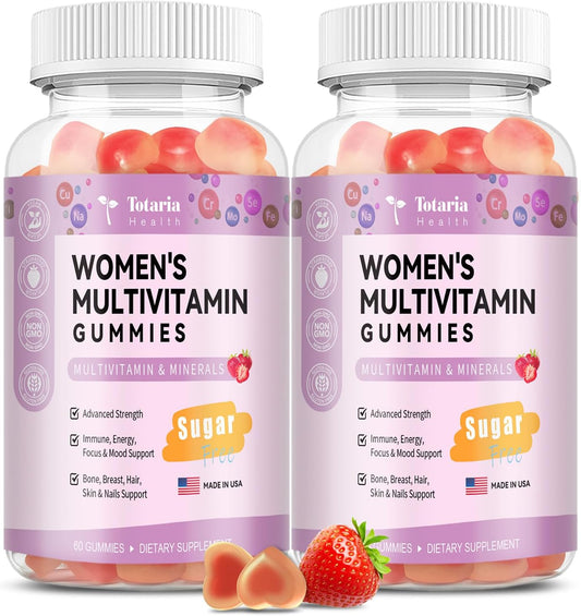 Sugar Free Women's Multivitamin Gummies 14+ with Inositol, Iron, Folate, Biotin - Strawberry Flavored Daily Multivitamin for Hair, Skin, Energy, and Immune Support
