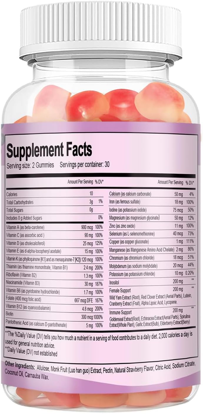 Sugar Free Women's Multivitamin Gummies 14+ with Inositol, Iron, Folate, Biotin - Strawberry Flavored Daily Multivitamin for Hair, Skin, Energy, and Immune Support