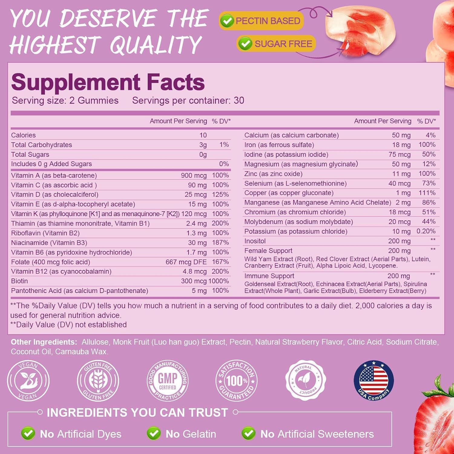 Sugar Free Women's Multivitamin Gummies 14+ with Inositol, Iron, Folate, Biotin - Strawberry Flavored Daily Multivitamin for Hair, Skin, Energy, and Immune Support