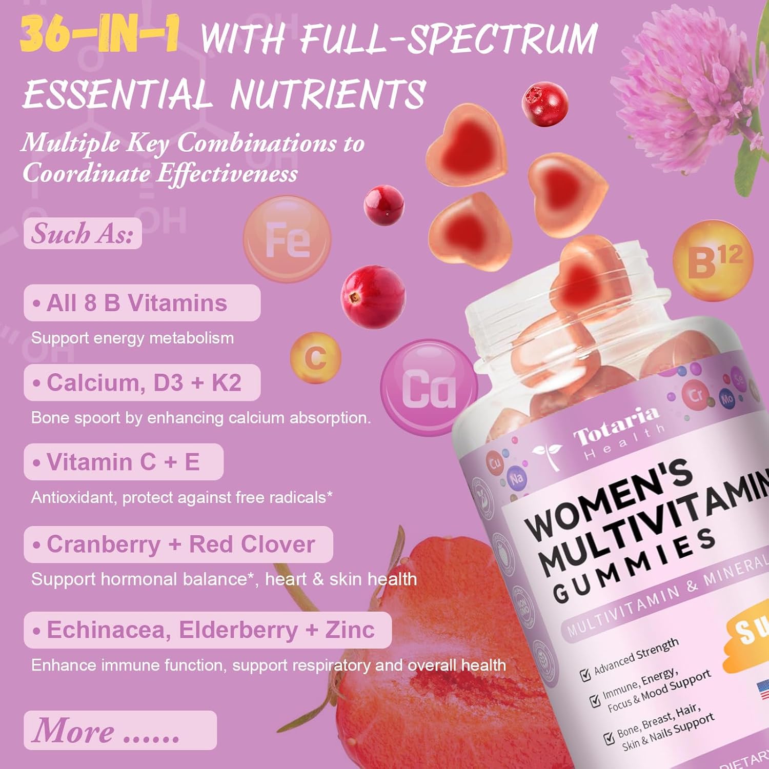 Sugar Free Women's Multivitamin Gummies 14+ with Inositol, Iron, Folate, Biotin - Strawberry Flavored Daily Multivitamin for Hair, Skin, Energy, and Immune Support