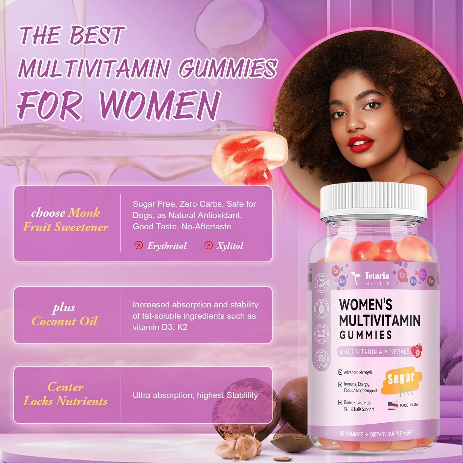 Sugar Free Women's Multivitamin Gummies 14+ with Inositol, Iron, Folate, Biotin - Strawberry Flavored Daily Multivitamin for Hair, Skin, Energy, and Immune Support