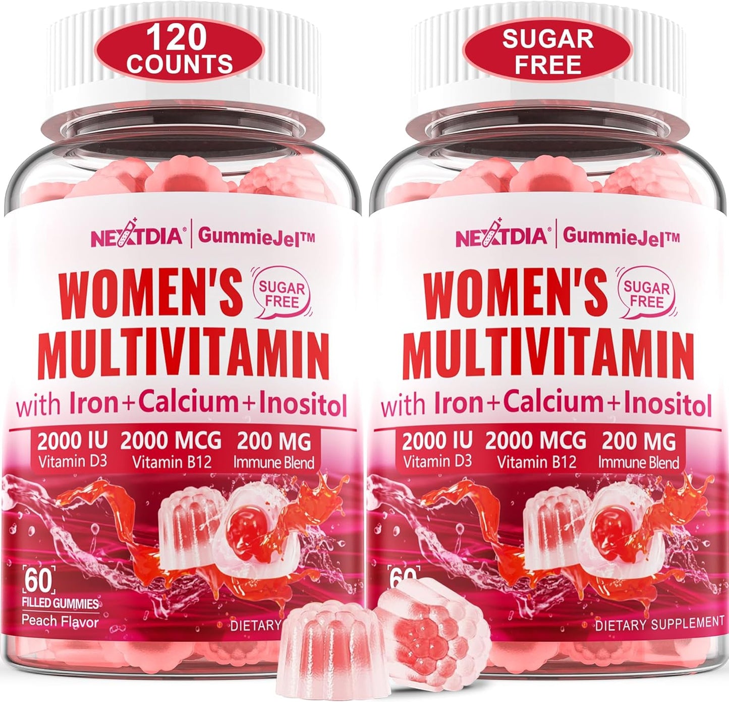 Sugar-Free Women's Multivitamin Gummies with Algae Calcium, Vitamin A, C, E, B12, D3 K2, Iron, Folate, Biotin, Inositol - 120 Vegan Capsules for Energy, Immunity, Blood & Bone Health